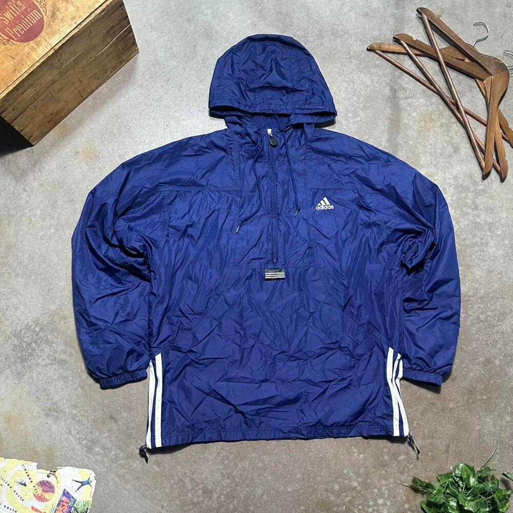 adidas Navy Blue Hooded Windbreaker Jacket with White Stripes